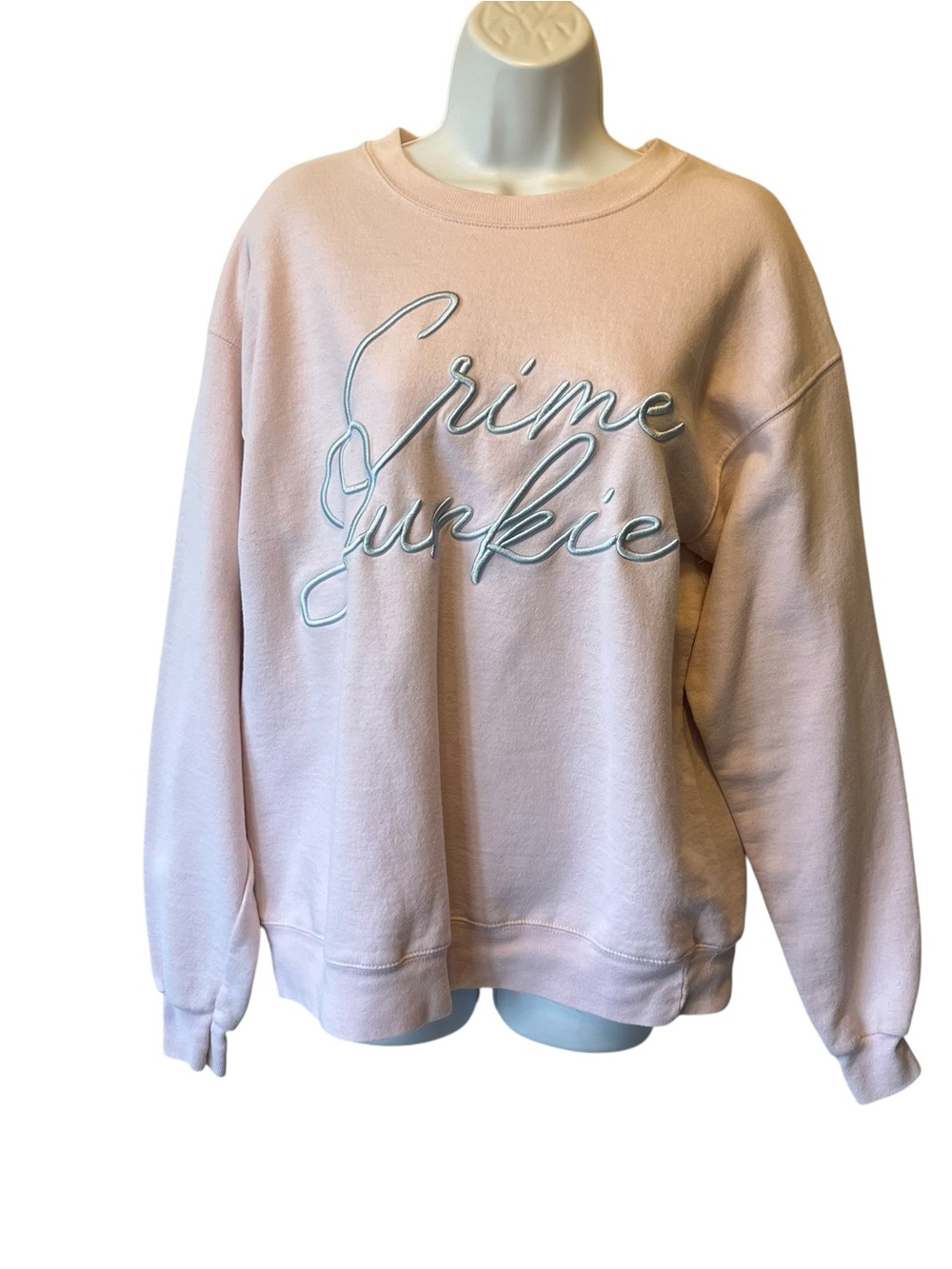 Crime Junkie Podcast sweatshirt M Pink Embroidered Crewneck pullover Long sleeve